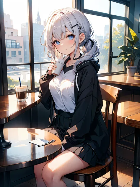 one girl, curly ponytail, smile, blue eyes, view drinks ,wear a hoodie, (cafe）, (（morning）), masterpiece, 8k,  perfect lighting,...