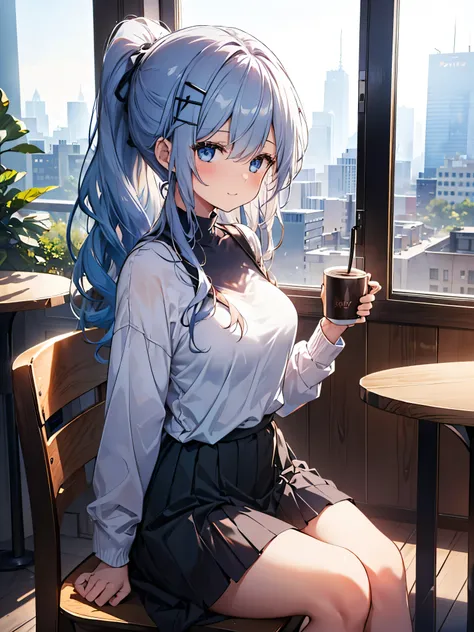 one girl, curly ponytail, smile, blue eyes, view drinks ,wear a hoodie, (cafe）, (（morning）), masterpiece, 8k,  perfect lighting,...