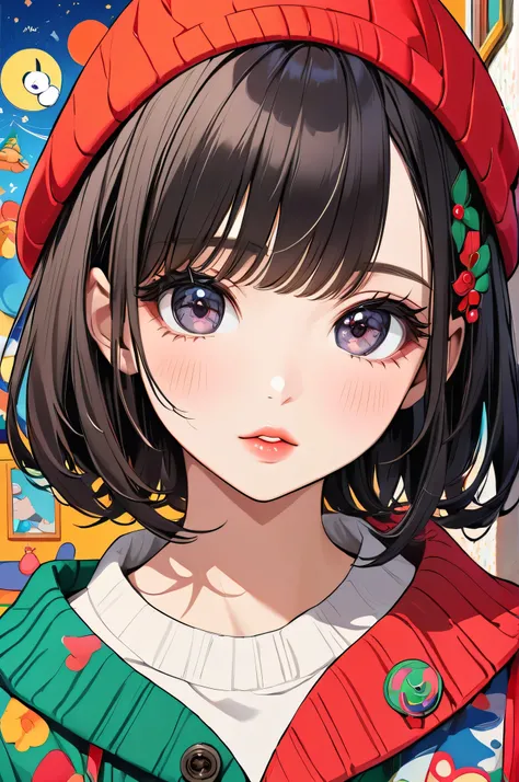 Ultra-realism イリヤ・クブシノブ colorful style, Simple Line Initialism，Abstract art，(((The most beautiful girl of all time))), Sweet face. Lips in love, stylish design, Dark Eyes, (((Holiday Room))), (((Cute amoeba)))