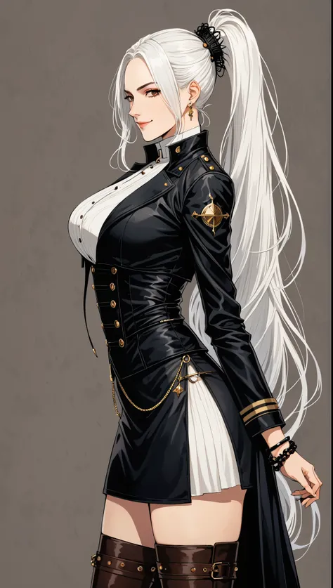 in style of Bradley K. in style McDevitt,in style of Santiago Caruso, character concept design,1girl,
Gothic style,romantic style，mature women, solo, black leather knee-length hip skirt uniform, white shirt, From the side, Rotate your upper body, looking a...