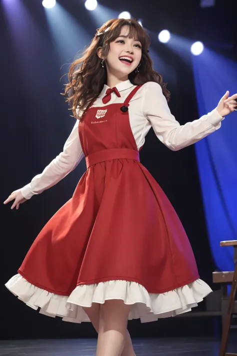 Masterpiece、Best Quality、1girl、Super detailed　Brown Hair、Curly Hair　Simple clothes、 red dress 、Long dress、 long skirt、Skirts up to your feet 、White apron　Laughing expression、 having fun 　Hold the microphone in one hand、 singing on stage {x}、 live artist 　 ...