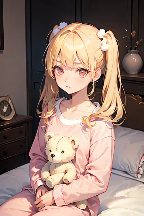  1 girl,Blonde,Red eyes, twin tails,Best Quality,  upper body,Im wearing fluffy pajamas, sitting on bed in the background,Im holding a stuffed bear,The background is inside the house, frowns