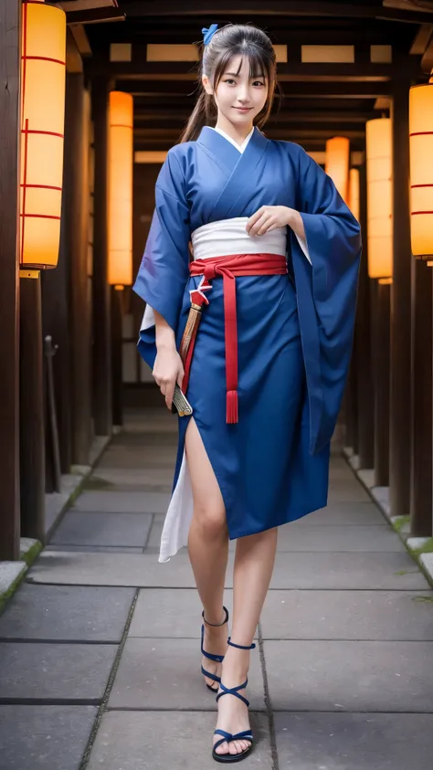 (8k, Photo quality), ( beautiful Japanese woman, age17), Shrine maiden, Blue Hakama, (Full body image, Model body type, Stand with a sword), (Right arm forward ,  left leg forward), (Dark brown long hair,  ponytail on background), Deep blue eyes, Perfectly...