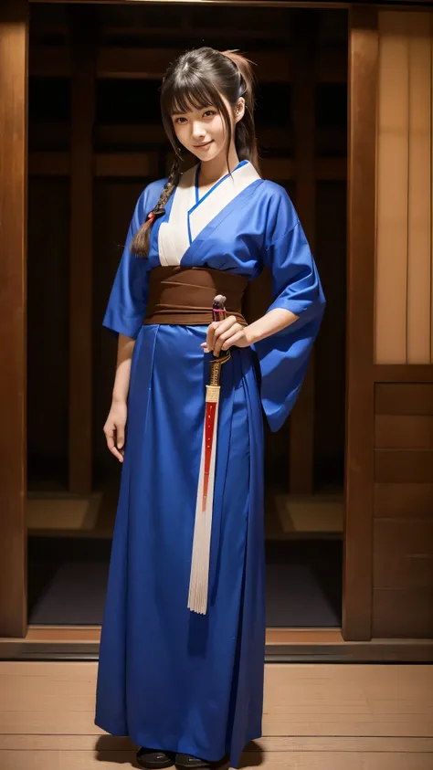 (8k, Photo quality), ( beautiful Japanese woman, age17), Shrine maiden, Blue Hakama, (Full body image, Model body type, Stand with a sword), (Right arm forward ,  left leg forward), (Dark brown long hair,  ponytail on background), Deep blue eyes, Perfectly...