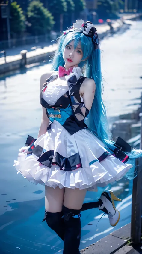 Hatsune Miku cosplay costume, Hatsune Miku, magical mirai miku, cosplay, aqua hair, twintails, very long hair, vest, sleeveless dress, frills, asymmetrical gloves, bowtie, mini hat, hair ornament, gloves, wrist cuffs, asymmetrical legwear, vertical-striped...