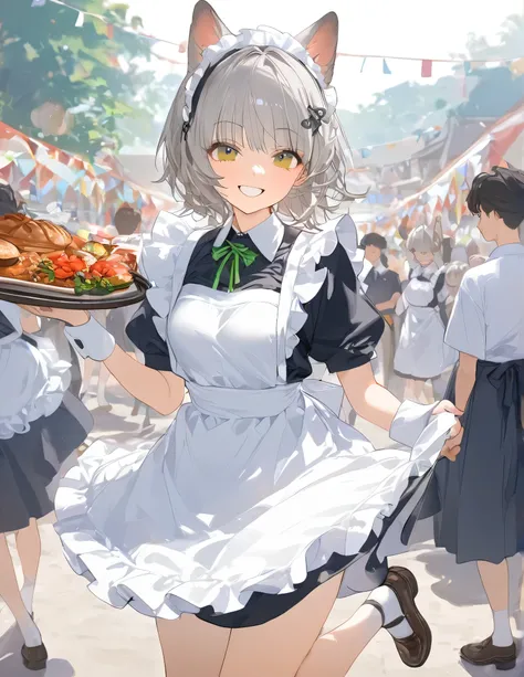 ((Vibrant colors)),, debt/1.2, 超     High Resolution     , detailed,      best quality,      High Resolution     , masterpiece、 White dog ears，Gray Hair、     shortcuts、School Festival、whole body、cute、smile、 There is a tray with coffee、  、20 years old，Maid，...