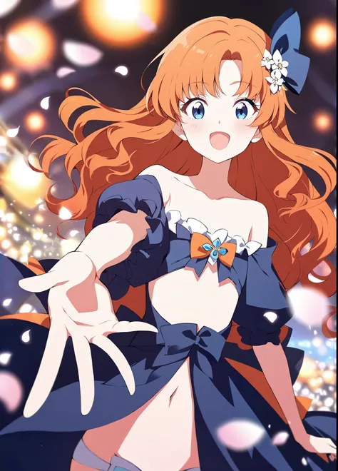 16K,Fraction_9, Fraction_8_up, Fraction_7_up, source_ Japanese Cartoon , grade_of,super detailed , , orange, super long curly hair ,恶魔般疯狂of微笑， blue eyes，Bow，Prom Outfit ，Puff sleeves，Full of flowers ， red wire wrapped in the air ，Blurred view，Blurred foreg...