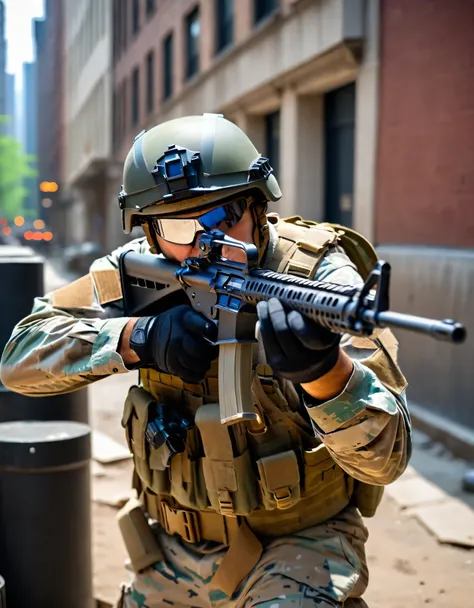 arafed soldier with a gun in his hand and a helmet on, a soldier aiming a gun, airsoft cqb, airsoft gun, shoulder mounted gun, man is carrying a rifle, wielding assault rifle, holding rifle, top shot, airsoft electric pistol, handling riffle on chest, mili...