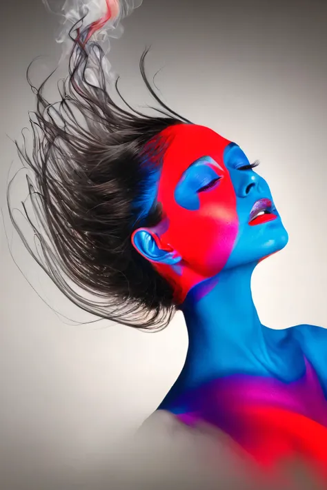 an image in the style of modern artist alberto seveso, the silhouette of an alien, streaks of blue and red hues mixed with fract...