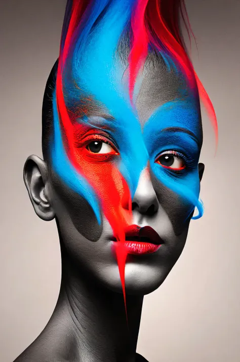 an image in the style of modern artist alberto seveso, the silhouette of an alien, streaks of blue and red hues mixed with fract...