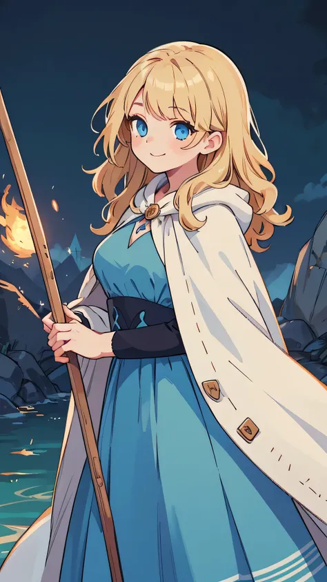 a woman, dark atmosphere, ruined fort background, wavy blonde bust-length hair, modest breasts, blue eyes, warm smile, white cloak, long blue dress, wooden staff