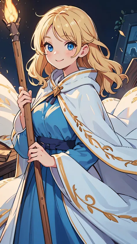 a woman inside a dark torchlit fort, wavy blonde bust-length hair, modest breasts, blue eyes, warm smile, white cloak, long blue dress, wooden staff