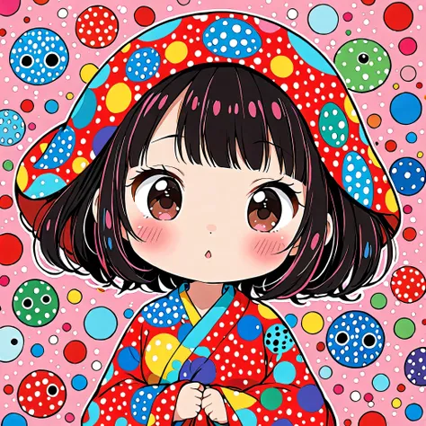 Ultra-realism Yayoi Kusama colorful style, Simple Line Initialism，Abstract art，(((The most beautiful girl of all time))), chibi, colorful hearts, kawaii design, (((Cute amoeba)))