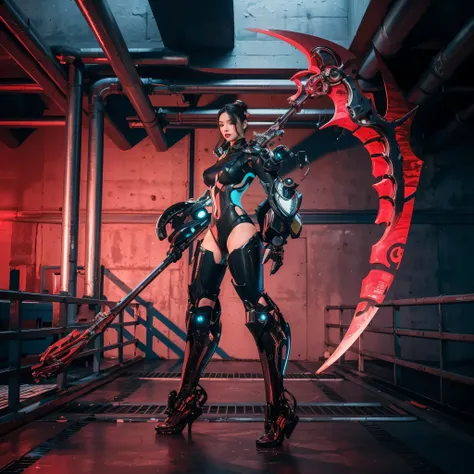 a beautiful Chinese woman in futuristic clothing stands in an industrial environment with metal pipes and concrete walls. She looks forward, with steel legs. has a sleek black-and-red metallic frame with glowing blue accents and menacing sword-like red ene...