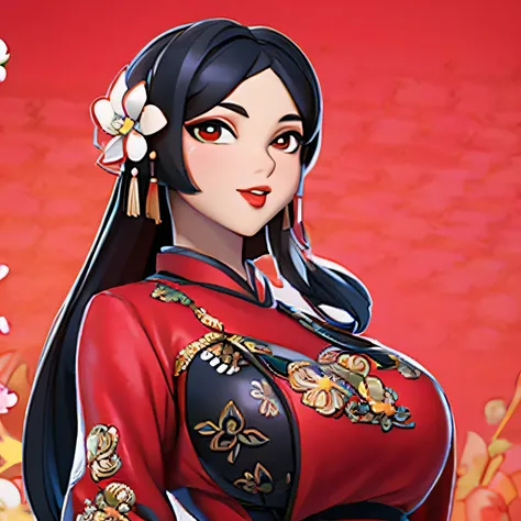 1 girl, upper body,fashion girl,Chinese dress,Chinese clothing,by the flower,( masterpiece :1.4),( The best quality :1.4),(shiny skin), red lips, looking at the viewer , Big breasts, half-open lips , style 3d, Unity 