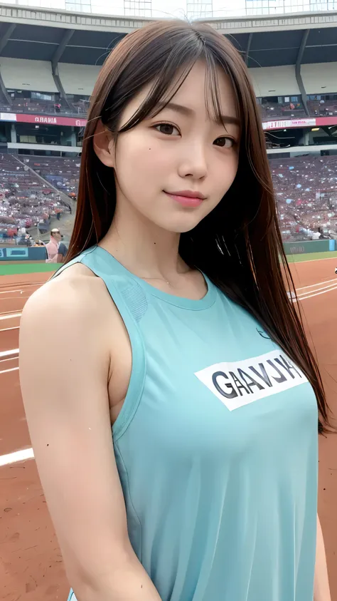 Highest quality、Realistically、Radiant Skin、 Japanese Women、Around 20 years old、 Gravure Idol、Slender、Athletics stadium with spectators、Women&#39;s Track and Field Championships、Athletics sleeveless 、Roman numerals on the bib、Athletics Bloomers、 tight abs、 ...