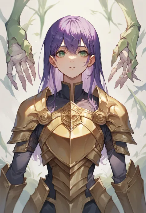 anime drawn: purple hair girl, dressed in armor, full anatomy, all anatomical limbs, green eyes, yellow armor, highly detailed, intricate details, vivid colors, defined lines, high quality, 8k