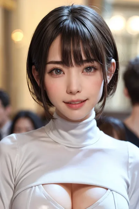 (Tabletop,  best quality、High image quality:1.4、Very attractive beauty、 add eye emphasis highlights 、Look closely at the camera:1.4、Attractive beautiful woman、Ideal body proportions、 Perfect Anatomy、 short brunette bob hair 、Shiny Hair、Bans:1.4、Shiny bang ...