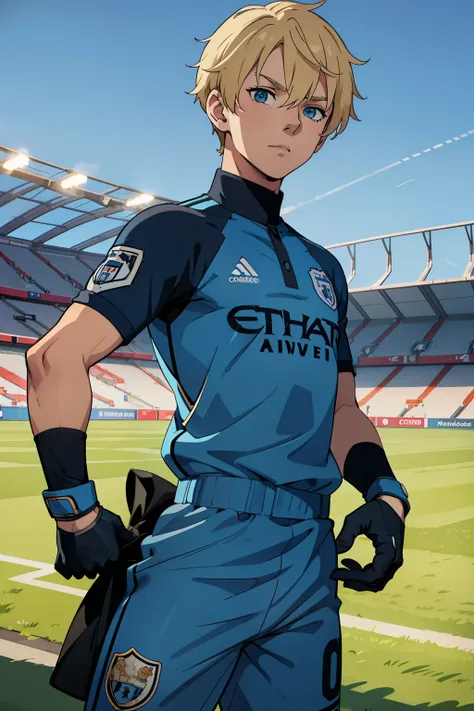 Cute boy, blonde hair, blue eyes, wearing a Manchester City kit, black gloves, football field in the background 