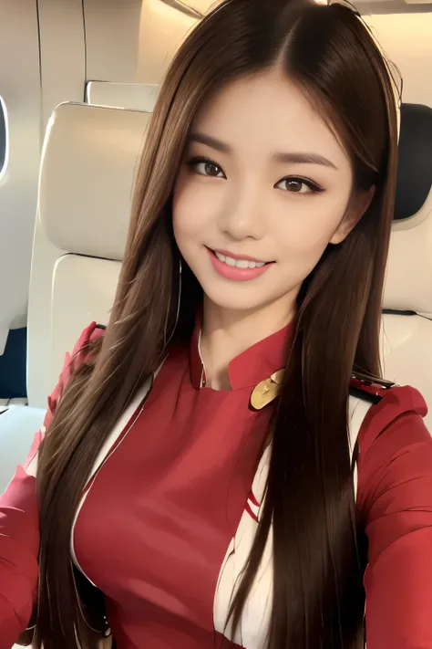 ((Best Quality, 8k, masterpiece: 1.3)), concentrated: 1.2, Perfect beauty: 1.6, : 1.3, ((Straight Hairstyles), (red AirAsia flight attendant uniform: 1.1), (evening, Inside the aircraft),  Highly Detailed Face and Skin Textures , Narrow eyes, double eyelid...