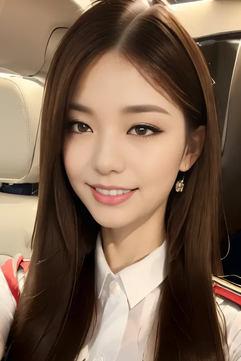 ((Best Quality, 8k, masterpiece: 1.3)), concentrated: 1.2, Perfect beauty: 1.6, : 1.3, ((Straight Hairstyles), (red AirAsia flight attendant uniform: 1.1), (evening, Inside the aircraft),  Highly Detailed Face and Skin Textures , Narrow eyes, double eyelid...