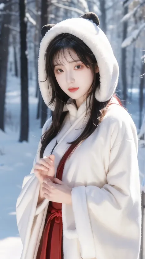 winter, landscape, snow, Cold, Tremor, breathe, Outdoor,   1 girl at home,  alone,  Mira Maxwell,  high res , Ridiculous, Fuzzy Hanfu，The fleece hood is behind