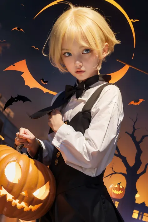 Cute boy, blonde hair, blue eyes, Halloween,