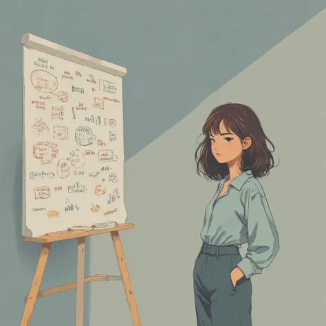 A grayscale background with a cluttered whiteboard full of incomprehensible equations and random sketches on the left side. A relaxed small black boy character stands on the right, hands in pockets, gazing up at the board with an exaggeratedly calm express...