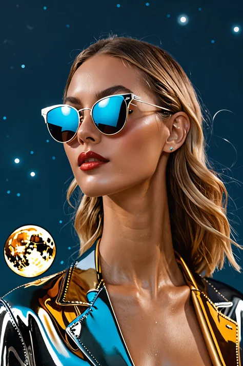 The model wears glass sunglasses, which depict stars and the moon