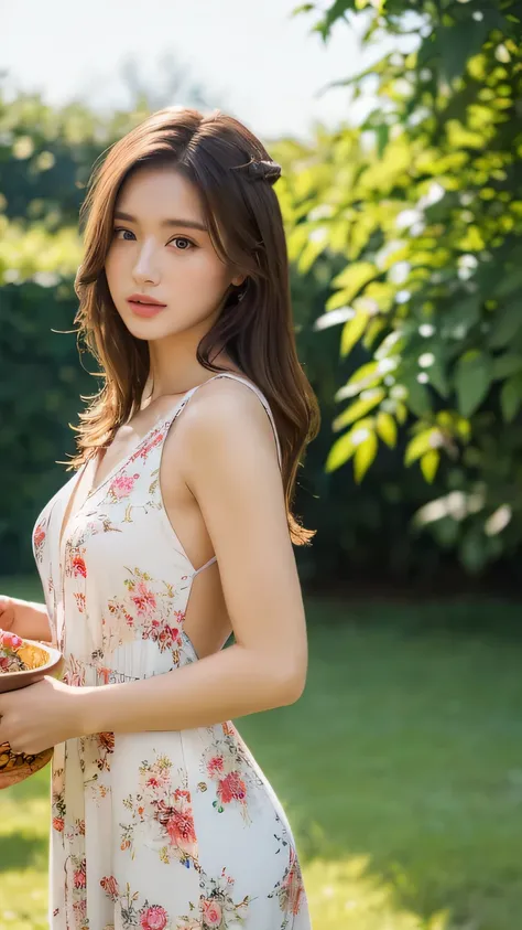 32K, High Resolution 、 best quality、photograph,One Girl、Alone、 white skin、 NATURAL MAKEUP、Brown Hair、 semi-long hair holding a bowl、small breasts,looking at viewer、Outdoor,V-neck sleeveless floral dress ,  jewelry ,High heels