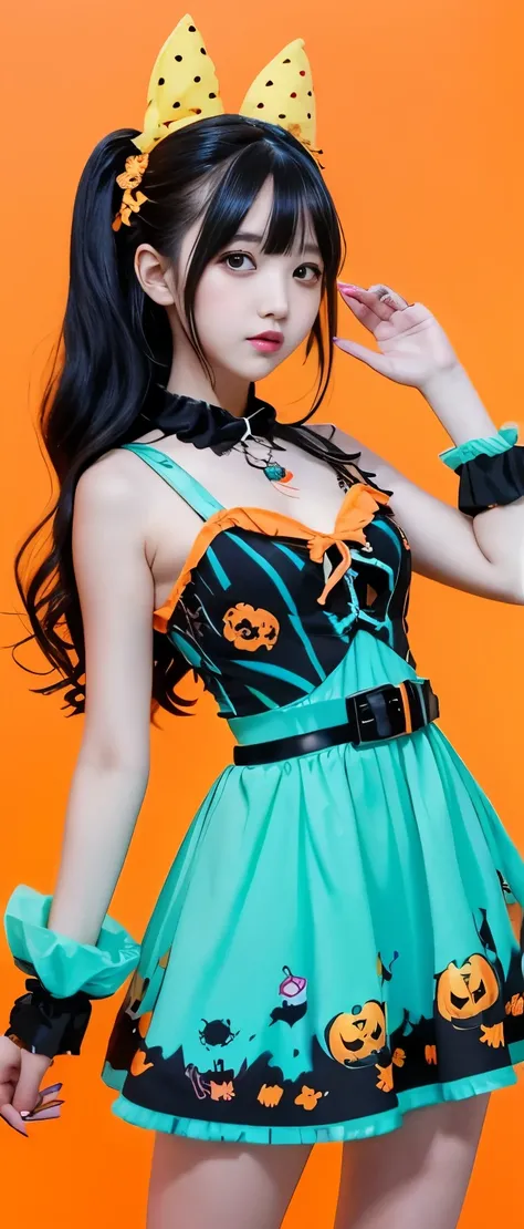  Magical Idol Girl with Beautiful Black Hair、whole body、　Good style、、、、、、、、、、Thick legs、、 Zombie Print Dress （ Turquoise Blue and Fluorescent Orange）、、 Halloween Belt 、A pure girl&#39;s face、Glowing Graveyard 