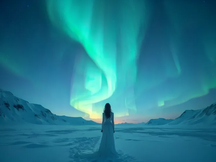 Beautiful girl staring at auroras on snowy ground