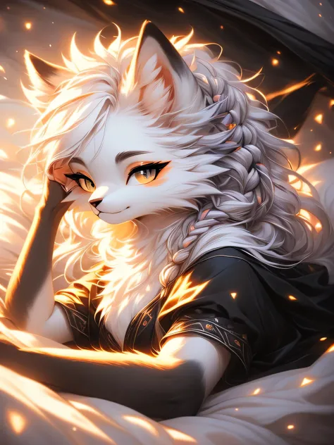 ( Absurdly , High quality , ultra detailed ) ,( hand detailed ) , absurdres(highly detailed beautiful face and eyes)perfect anatomy Solo, sfw, Young Female white fox-cat (((lean-body))) (((medium breasts))) (short snout), (heterochromia (orange, violet)), ...