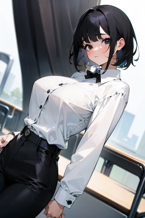 Cute girl, short black hair, black eyes, white shirt, black pants, big breasts, long-sleeved shirt and buttons, school in the background,