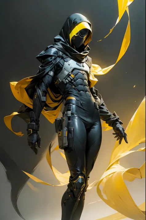 a painting of a very lean androgenous person against a dark shrouded wall, lanky, narrow shoulders, wearing stealthy military gear: dark camo skintight elastic pants, dark camo skintight long sleeve shirt, black leather gloves, golden yellow shawl + cowl, ...