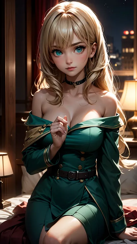 masterpiece,  best quality,  High Resolution , Super detailed, A faint smile, Long blond woman with bangs,   Long Wave Hair , Beautiful dark green eyes  ,  beautiful woman staring at camera, Front View, ((Off-the-shoulder uniform,)) barefoot, night, Warm i...