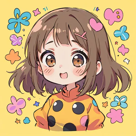 Ultra-realism Yayoi Kusama colorful style, Simple Line Initialism，Abstract art，(((The most beautiful girl of all time))), chibi, colorful hearts, kawaii design, best smile, キノコ狩り