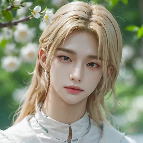 young man/ young man with light blond hair, platinum blonde hair,   wavy hair , porcelain skin, milky white skin, pale and slightly blushed skin , face of hwang hyunjin, thin man, fairy wings, hombre con fairy wings y recostado en un bosque magico, hombre ...