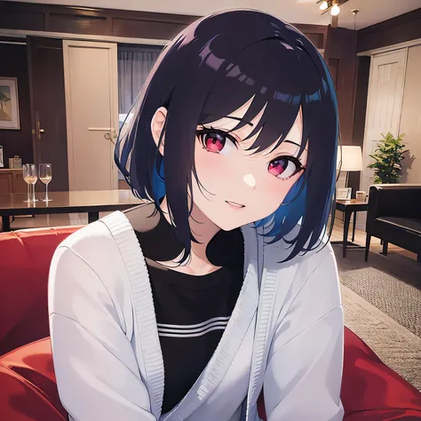 upper body,
(pale skin:1.2), shiny skin, shiny hair、(A 40-year-old woman:1.5) and (bob cut) and (hair between eyes) and (black hair) and (red eyes), 
white long sleeve shirt
Smile,sofas
The background is the living room at night、（alone:1.5）