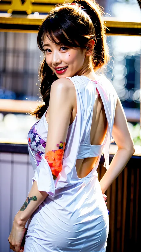 Surreal, beautiful, Cute face,  Chinese Girl, Sweaty,  sweaty, Drops of sweat, ( High Long Ponytail ),  Wear a Sexy See-through Light Purple Floral Mini House Dress,  Unbuttoned Floral House Dress , (( Raised Dress )), Hole in the chest, Open chest, 丸みを帯びた...