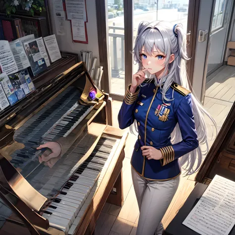 long hair gray,uniform,paino