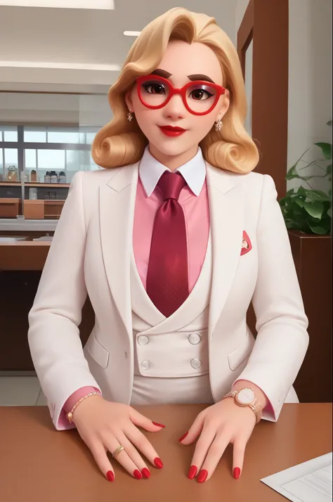 score_9, score_8_up, score_7_up, 1girl, sprinkles mei, mei (overwatch),  three-piece suit, 1girl, solo, blonde hair, glasses, sprinkles mei, smile, pretty, formal, jewelry, (((white skirt suit))), (((red silk necktie))), earrings, (((white jacket))), (((pi...