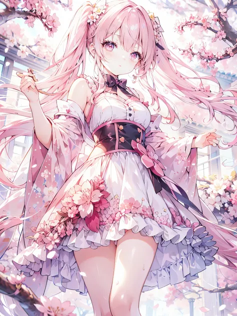 1 girl,  high definition models,  ultra-fine,  twin tails, pink hair,  pink eyes , ribbon, lots of cherry blossoms　dress