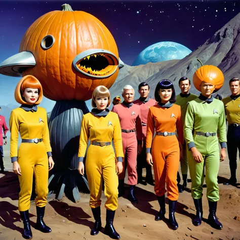 1960s tv series 、unknown planet、pumpkin-headed space monster attacks earthlings crew 、 earthlings crew colourful star trek and l...