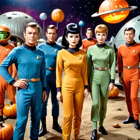 1960s tv series 、unknown planet、halloween pumpkin space monster attacks earthlings crew 、 earthlings crew colourful star trek an...