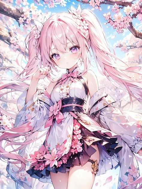 1 girl,  high definition models,  ultra-fine,  twin tails, pink hair,  pink eyes , ribbon, lots of cherry blossoms