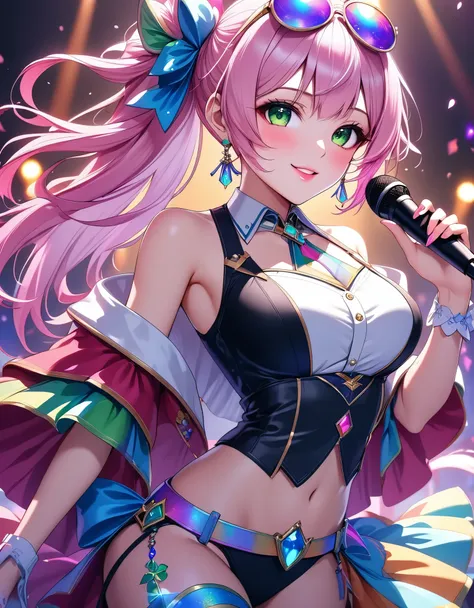 Generated in SFW,   1 girl, Alone, The best idol ,  enchanting stage ,  weekend that makes you smile, Exquisite Atmosphere  , Warm colors,  Fascinating costumes , Aphrodisiac aura  , A symbol of beauty,  best microphone , Seductive expression,  bright pink...