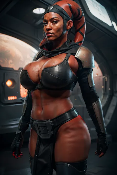 armor, busty, gigantic , ((((((red skin))))), twilek), stretching, evil space knight, space ninja, (wearing black robes, black stealth armor, breastplate, tunic, tabard, cowl, cloak, body glove, straps, buckles, skirts, long sleeves, thigh high boots, fant...