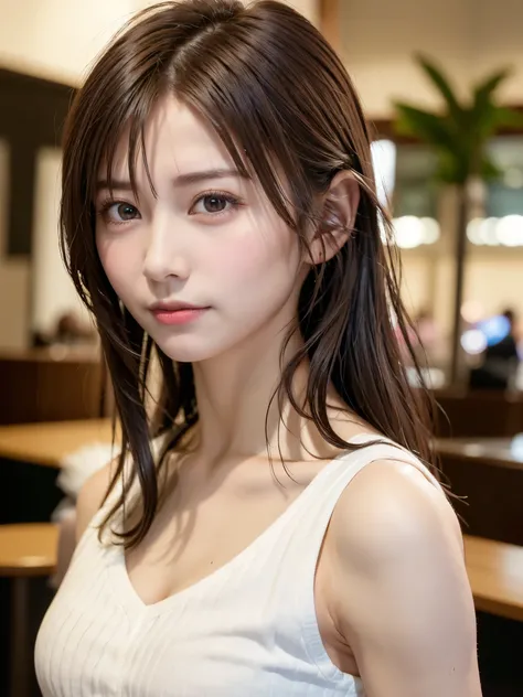 natta, Raw photography, (((Very beautiful portrait))), ((glistning skin)), 1girl in, Sexy 2 girl, Cafe Clerk、((Sauvages natural brown hair)), Gentle smile staring at the camera, ((​masterpiece, top-quality, ultra-detailliert, ciinematic light, intricate de...