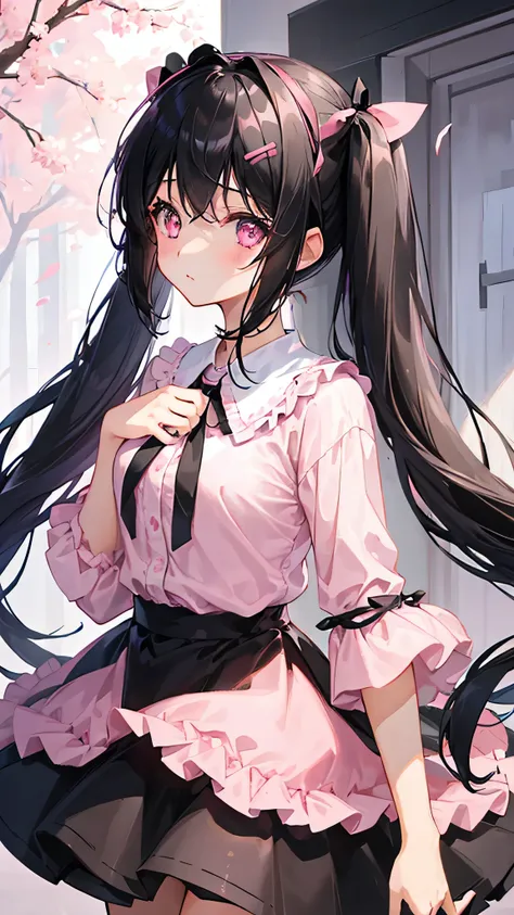  1 girl, Black Hair、Pink Eyes、 twin tails、Light pink blouse、 black skirt 、 black ribbon、Hair accessories